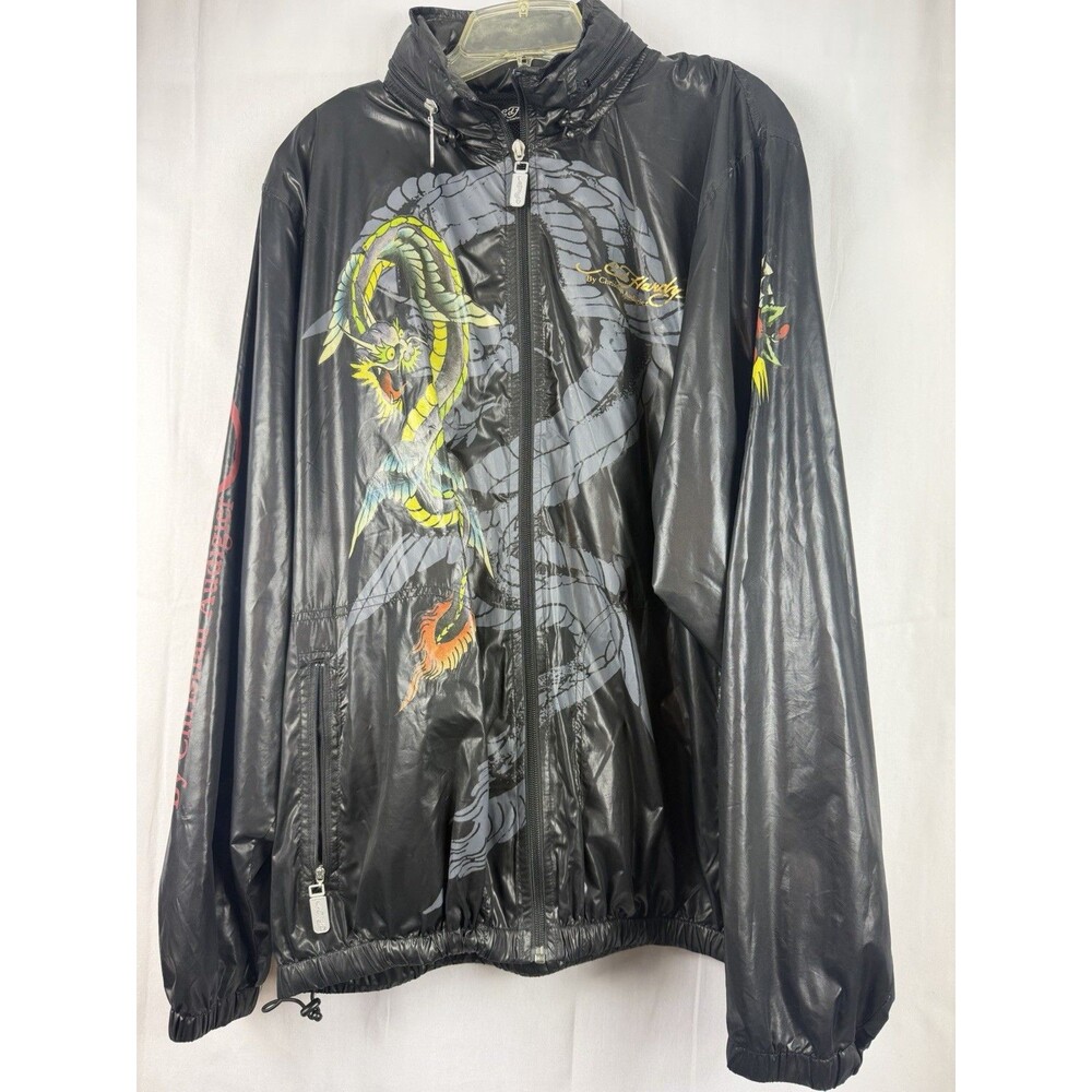Vintage Ed Hardy Dragon Lion Print Wind Breaker Rain Coat Packable Hood XXL